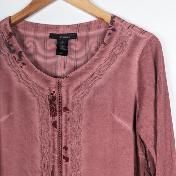 Ali Miles Rose Pink Embroidered Floral Washed Out‎ Tunic Top Size Small - Picture 2 of 10